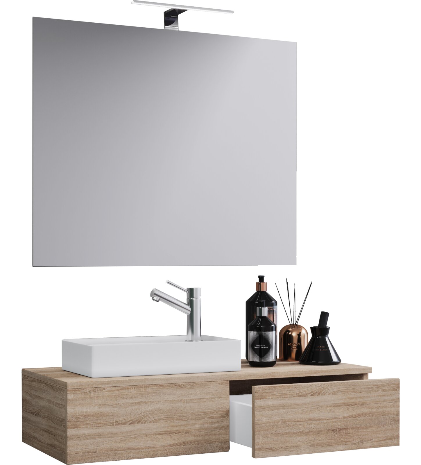 Modernes Badezimmer-Waschtisch-Set mit großem rechteckigen Spiegel und schmaler LED-Spiegelleuchte, Holzoptik-Unterschrank mit Auszug und weißem Aufsatzwaschbecken, Frontansicht
