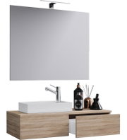 Modernes Badezimmer-Waschtisch-Set mit großem rechteckigen Spiegel und schmaler LED-Spiegelleuchte, Holzoptik-Unterschrank mit Auszug und weißem Aufsatzwaschbecken, Frontansicht