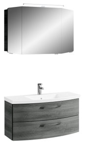 Moderne Badkombination mit Spiegelschrank und Waschbeckenunterschrank in Holzoptik, Frontalansicht