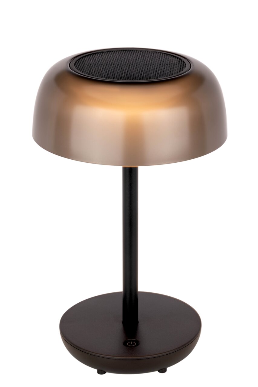 Moderne Solarleuchte mit bronzefarbenem Schirm und schwarzem Standfuß, seitliche Perspektive