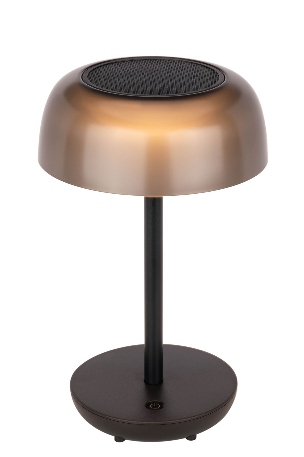 Moderne Solarleuchte mit bronzefarbenem Schirm und schwarzem Standfuß, seitliche Perspektive