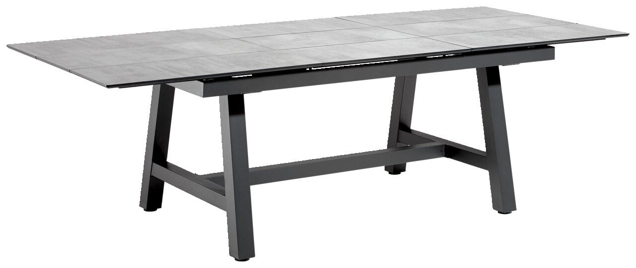 Moderner rechteckiger Gartentisch aus Metall mit grauer Tischplatte, seitliche Perspektive