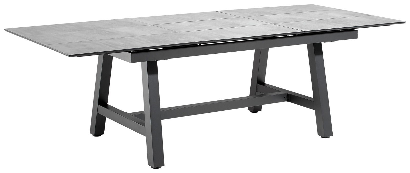 Moderner rechteckiger Gartentisch aus Metall mit grauer Tischplatte, seitliche Perspektive