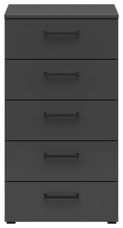 Schwarze Kommode mit fünf Schubladen, frontale Ansicht