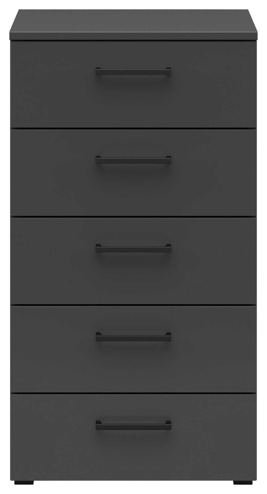 Schwarze Kommode mit fünf Schubladen, frontale Ansicht