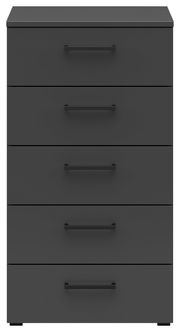 Schwarze Kommode mit fünf Schubladen, frontale Ansicht
