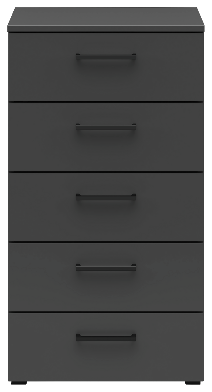 Schwarze Kommode mit fünf Schubladen, frontale Ansicht