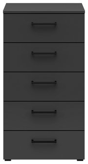 Schwarze Kommode mit fünf Schubladen, frontale Ansicht