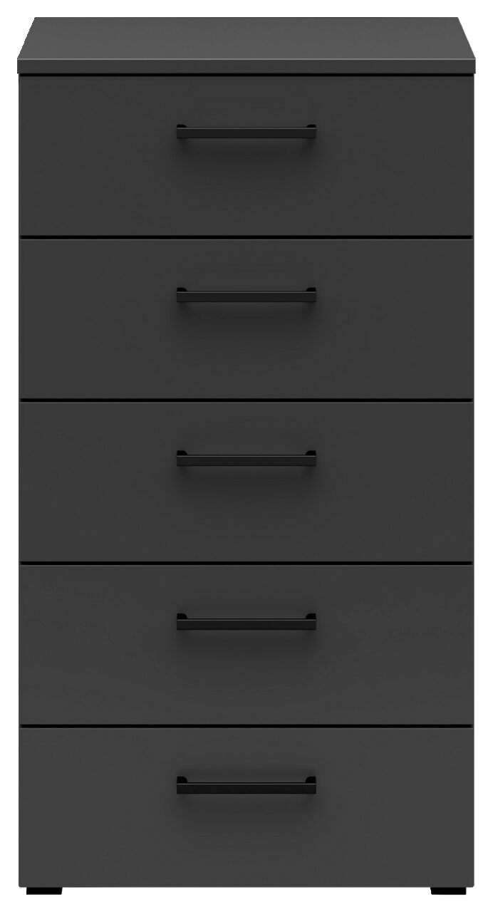 Schwarze Kommode mit fünf Schubladen, frontale Ansicht