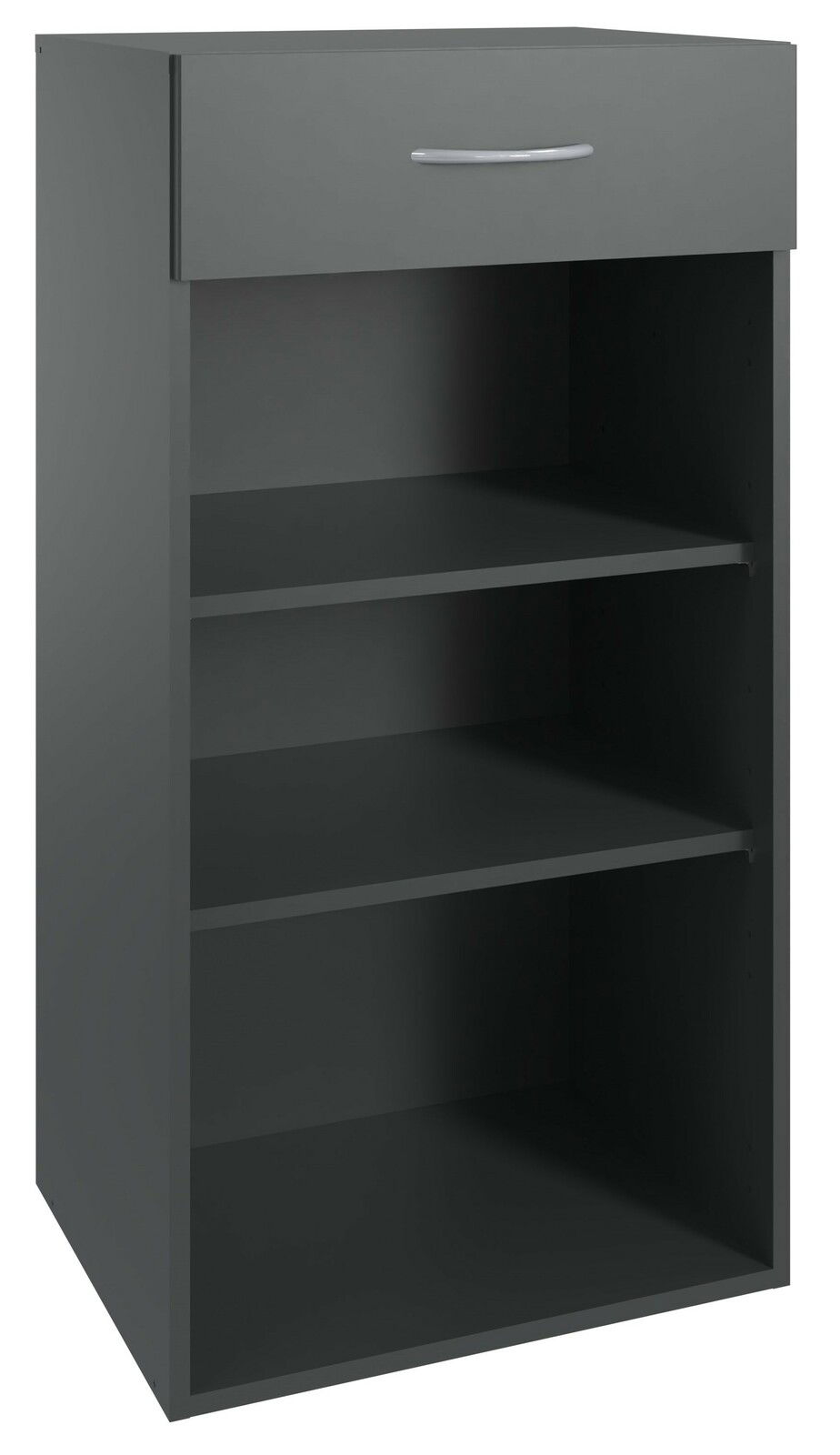 XORA Regal niedrig MULTIRAUMKONZEPT Graues, niedriges Regal mit drei offenen Fächern und einer Schublade, seitliche Perspektive