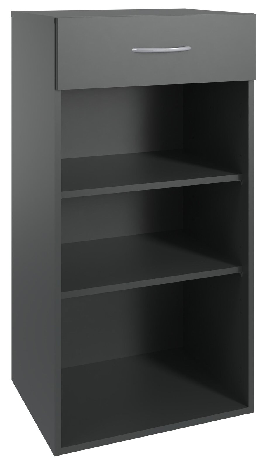 Graues, niedriges Regal mit drei offenen Fächern und einer Schublade, seitliche Perspektive
