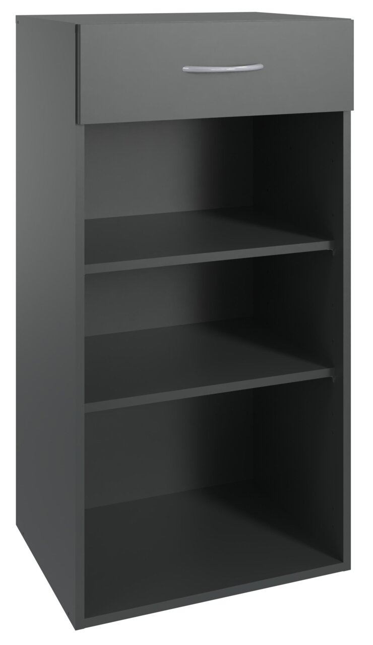 Graues, niedriges Regal mit drei offenen Fächern und einer Schublade, seitliche Perspektive