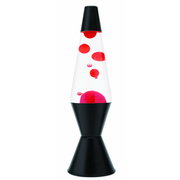 Schwarze Lavaleuchte mit roten Blasen, seitliche Perspektive