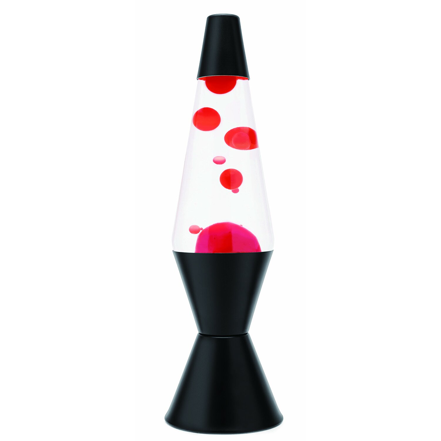 Schwarze Lavaleuchte mit roten Blasen, seitliche Perspektive