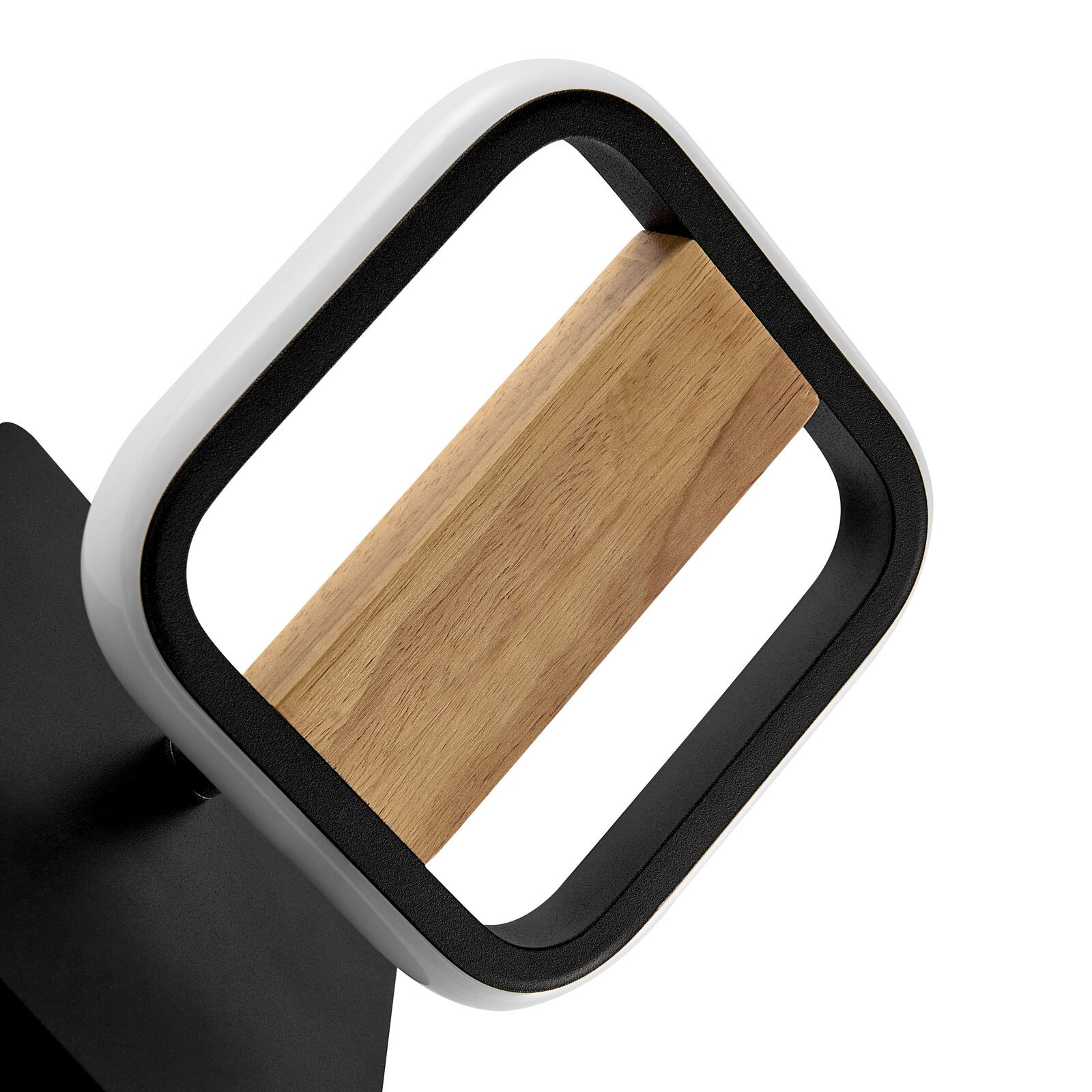Nahaufnahme einer modernen LED-Wandleuchte mit rechteckigem Rahmen in Schwarz/Weiß und Holz-Element, schräg von vorne aufgenommen