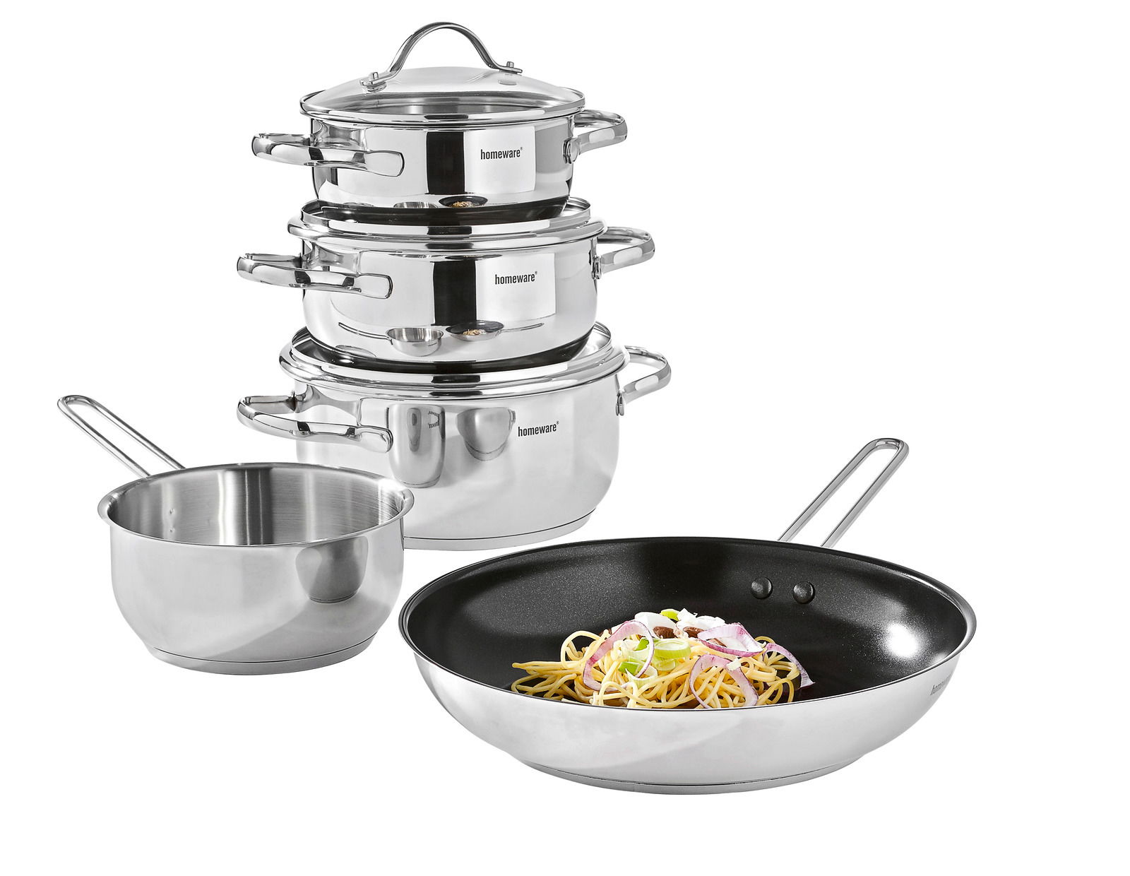 Ein 5-teiliges Kochtopfset aus Edelstahl, bestehend aus drei gestapelten Töpfen mit Deckeln, einem kleinen Topf und einer Pfanne mit Spaghetti und Zwiebeln, aus seitlicher Perspektive.