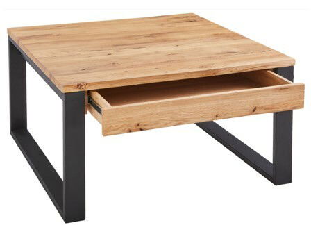 Moderner Couchtisch aus Holz mit schwarzem Metallgestell und offener Schublade, seitliche Perspektive.