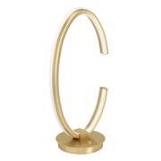 Moderne LED-Tischlampe in Ringform mit goldfarbenem Metallrahmen und weißem Lichtband auf rundem Standfuß, schräg von vorn fotografiert