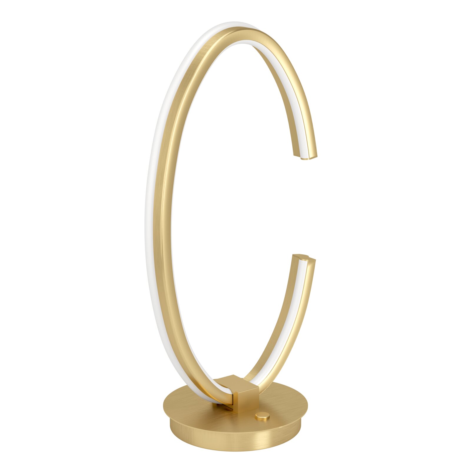 Moderne LED-Tischlampe in Ringform mit goldfarbenem Metallrahmen und weißem Lichtband auf rundem Standfuß, schräg von vorn fotografiert