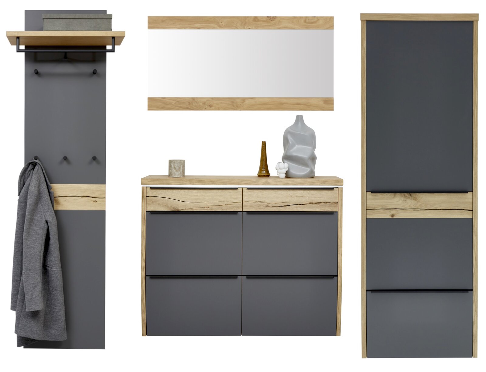 Moderne Garderobenmöbel-Set in Anthrazit und Eicheoptik mit Wandpaneel samt Hutablage und Haken, Spiegel, Schuhkommode und Hochschrank, frontal aus der Vorderansicht freigestellt