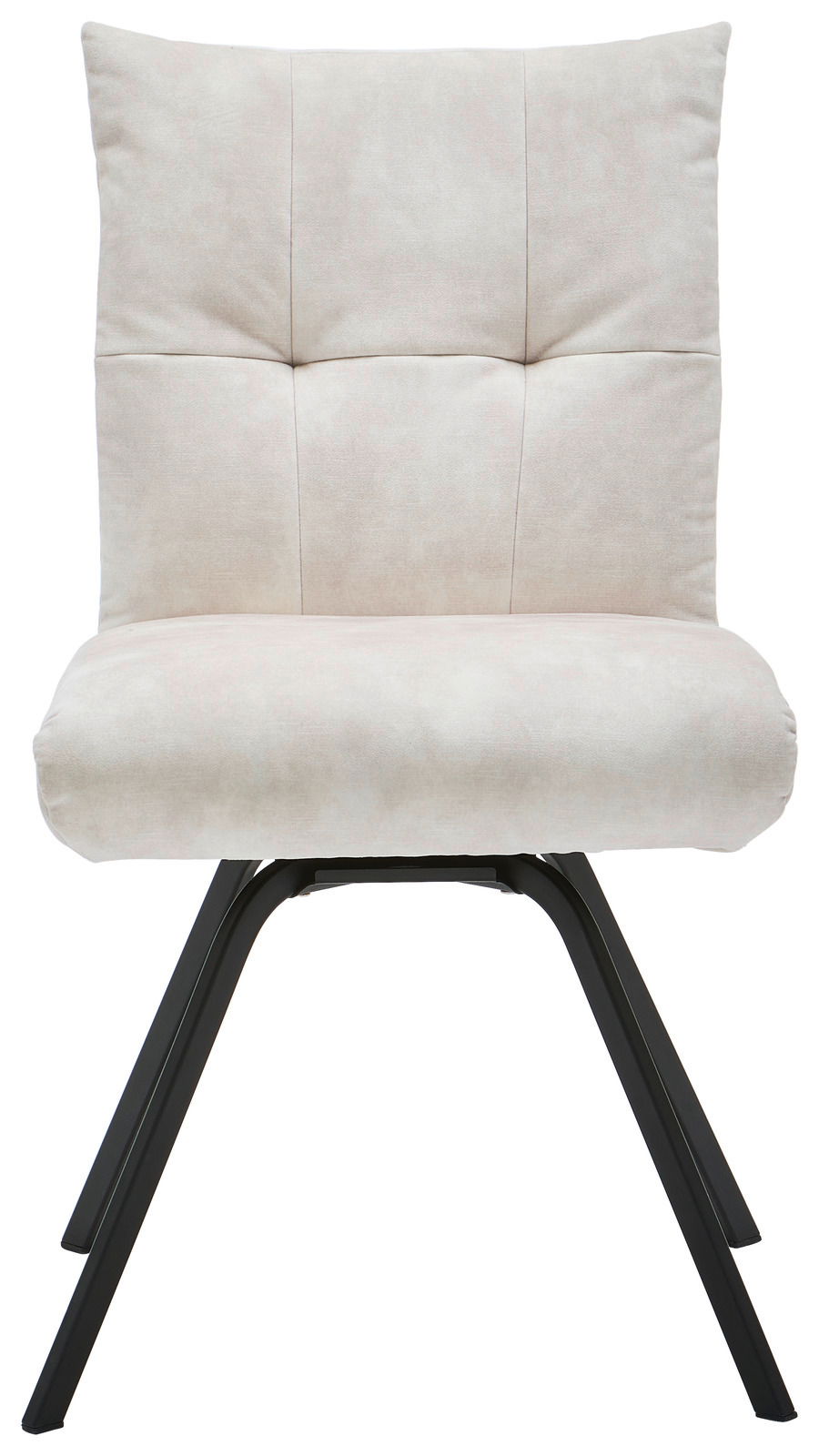 Moderner Stuhl mit beigem Polster und schwarzen Metallbeinen, Frontalansicht