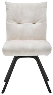 Moderner Stuhl mit beigem Polster und schwarzen Metallbeinen, Frontalansicht