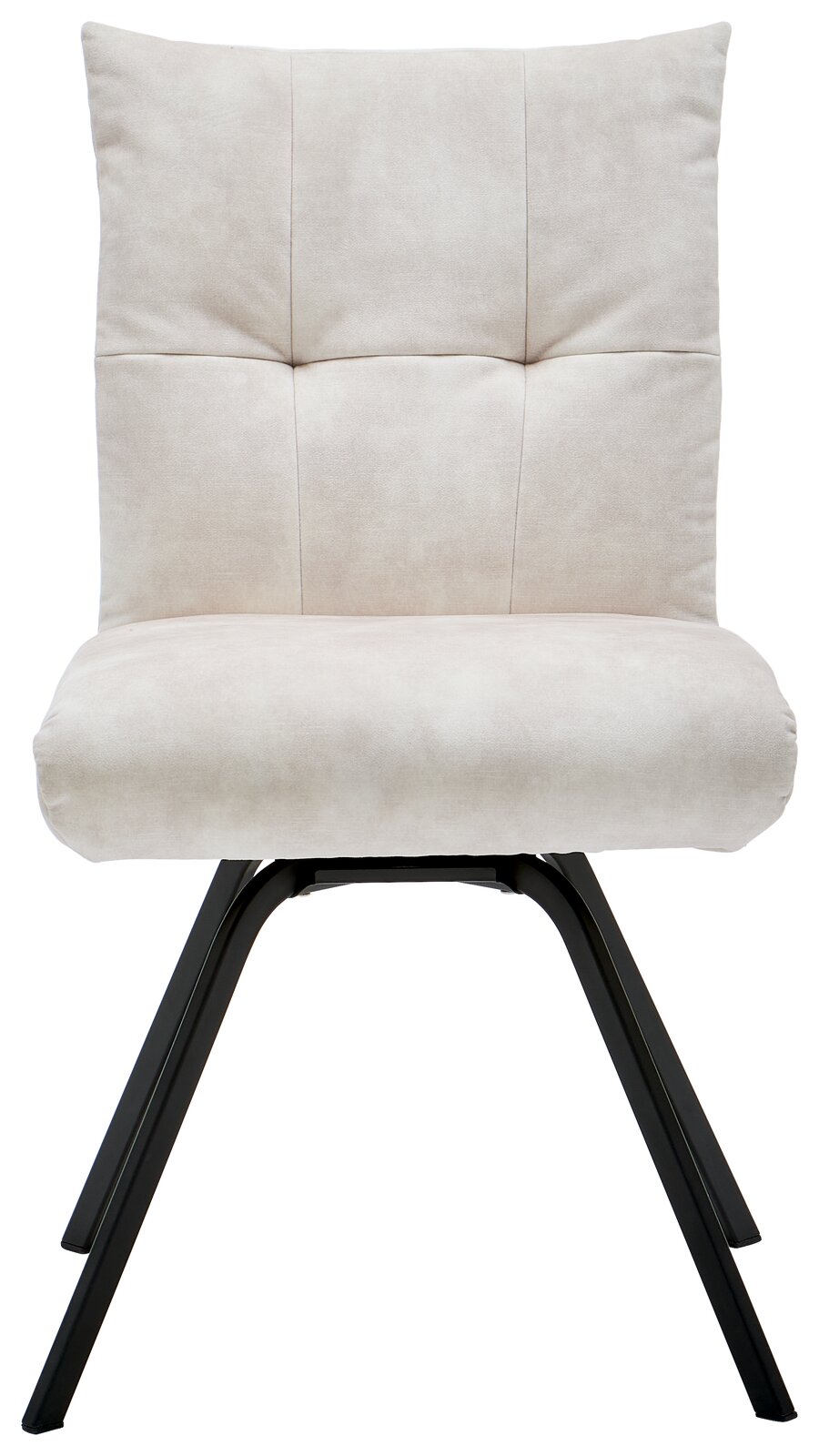 Moderner Stuhl mit beigem Polster und schwarzen Metallbeinen, Frontalansicht
