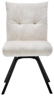 Moderner Stuhl mit beigem Polster und schwarzen Metallbeinen, Frontalansicht