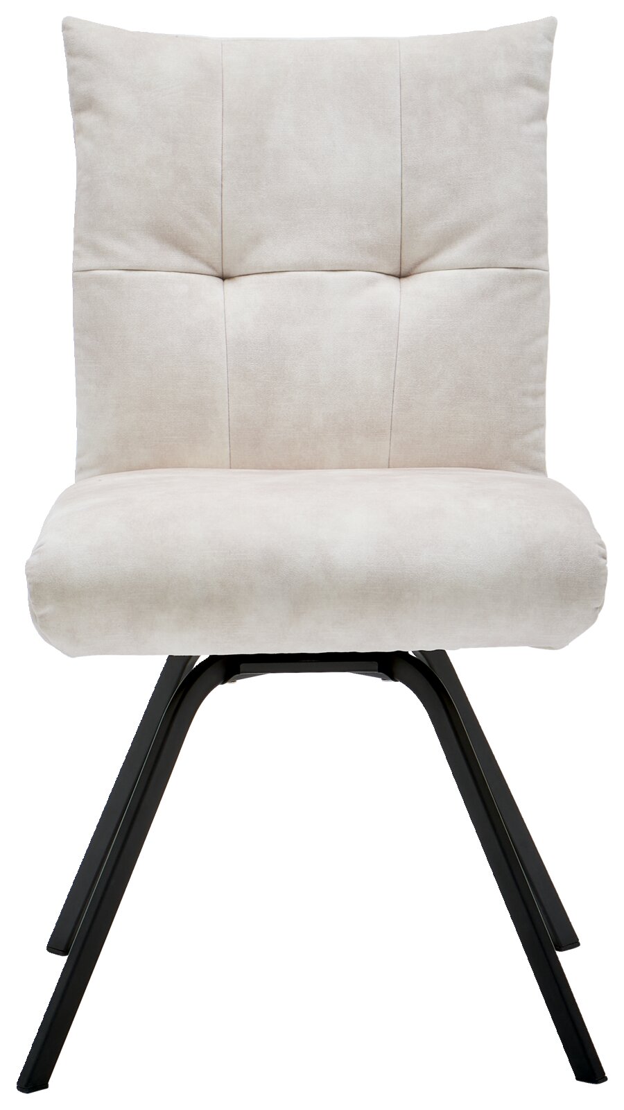 Moderne stoel met beige bekleding en zwarte metalen poten, vooraanzicht