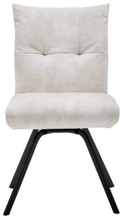 Moderne stoel met beige bekleding en zwarte metalen poten, vooraanzicht