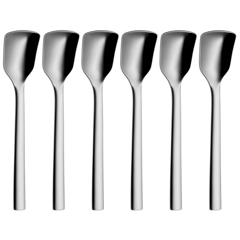 WMF Eisschaufel 6-tlg. NUOVA Sechs glänzende Eisschaufeln aus Edelstahl, frontal nebeneinander angeordnet.