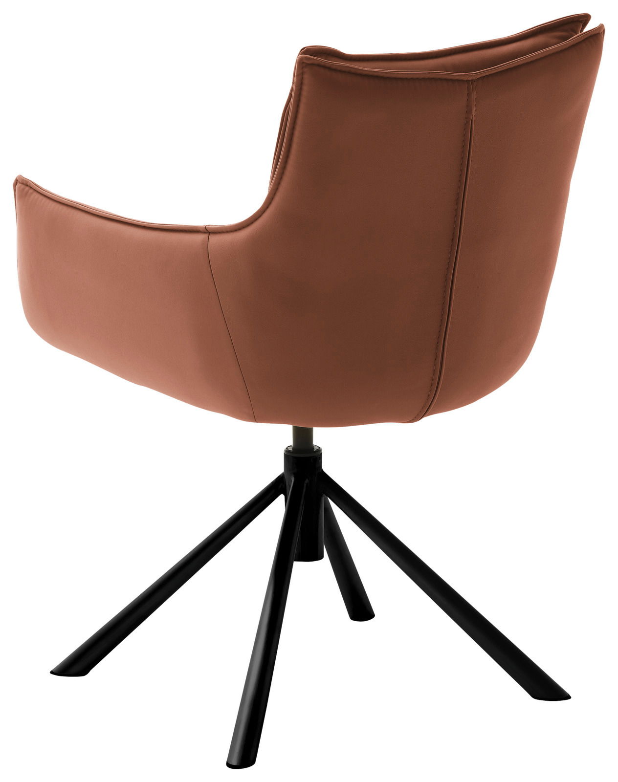 Rückansicht eines modernen Sessels mit braunem Bezug und schwarzem Metallgestell.