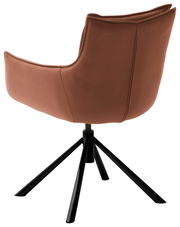 Rückansicht eines modernen Sessels mit braunem Bezug und schwarzem Metallgestell.