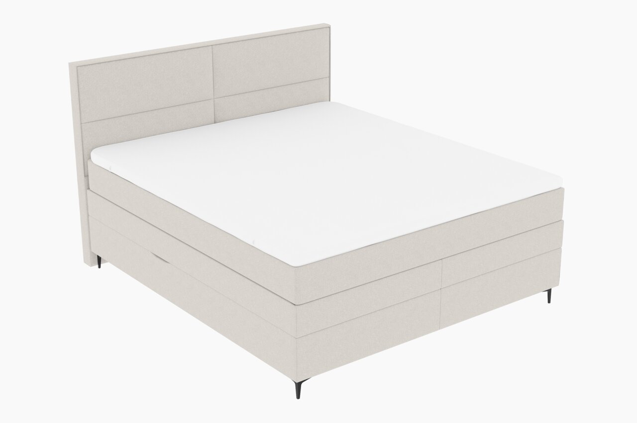 Boxspringbett in seitlicher Perspektive mit hellem Stoffbezug und schlichtem Design.
