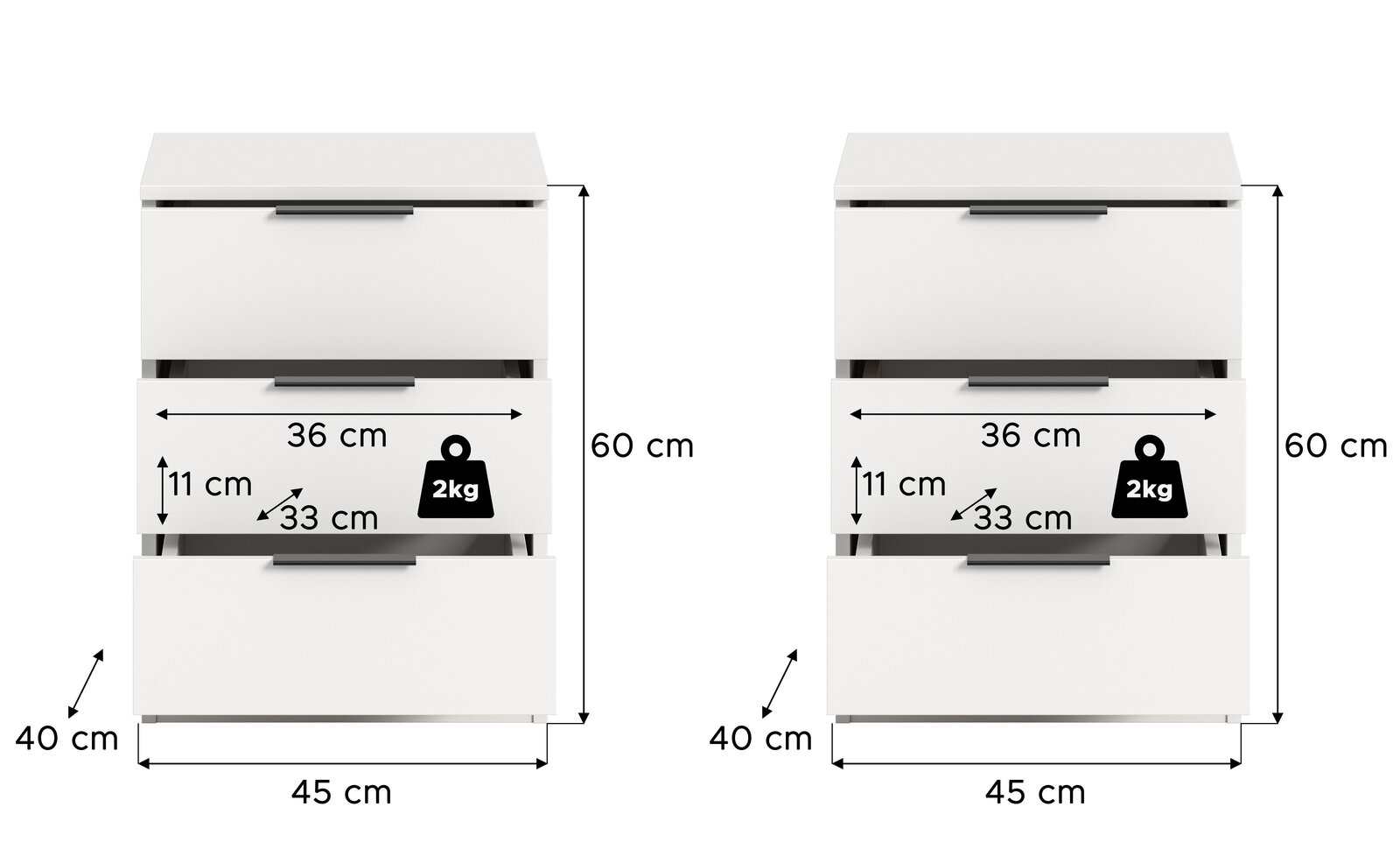 Weißer Nachttisch mit drei Schubladen und schwarzen Griffen, Frontansicht; Maße: 60 cm hoch, 45 cm breit, 40 cm tief, Schubladeninnenmaß ca. 36 cm breit und 33 cm tief, Tragkraft 2 kg.