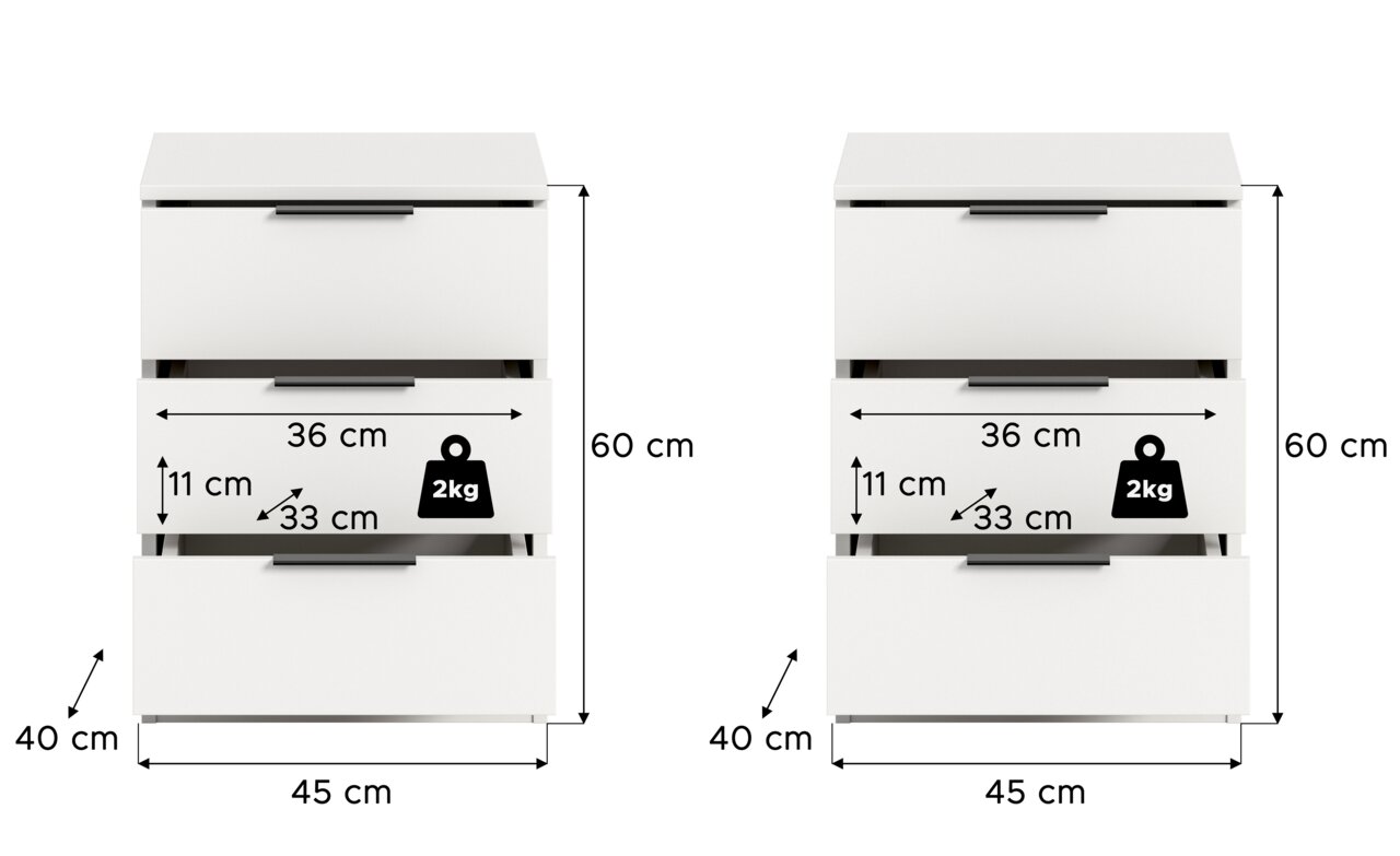 Weißer Nachttisch mit drei Schubladen und schwarzen Griffen, Frontansicht; Maße: 60 cm hoch, 45 cm breit, 40 cm tief, Schubladeninnenmaß ca. 36 cm breit und 33 cm tief, Tragkraft 2 kg.