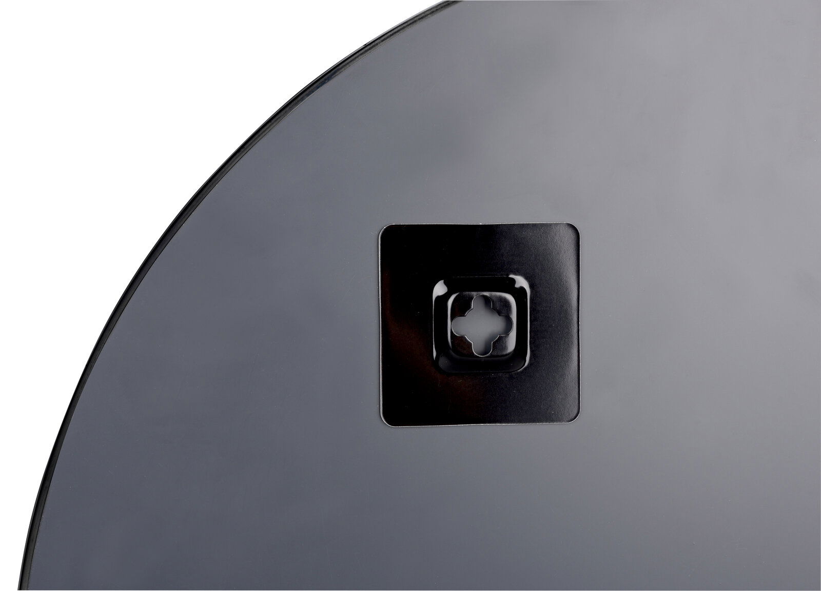 Rückansicht eines runden Spiegels mit einem Befestigungselement in der Mitte.