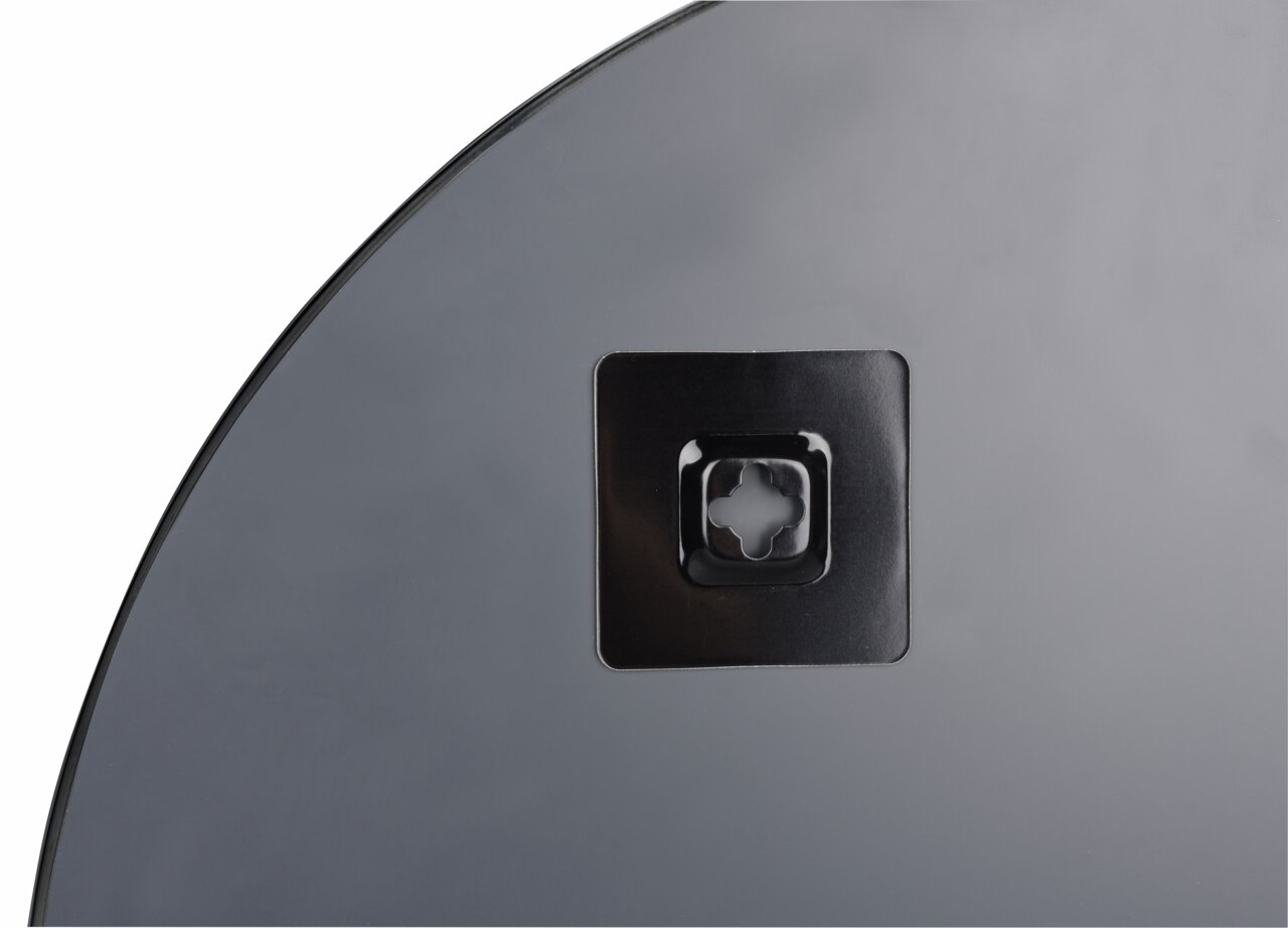 Rückansicht eines runden Spiegels mit einem Befestigungselement in der Mitte.