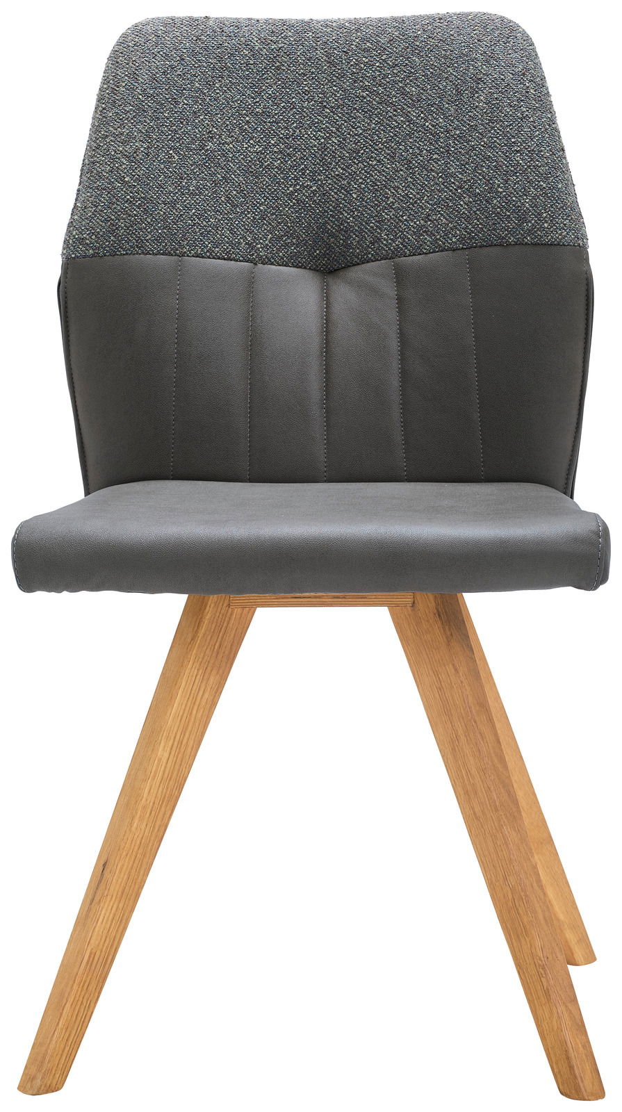 Moderner Stuhl mit grauem Polster und Holzbeinen, Frontalansicht