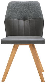 Moderner Stuhl mit grauem Polster und Holzbeinen, Frontalansicht