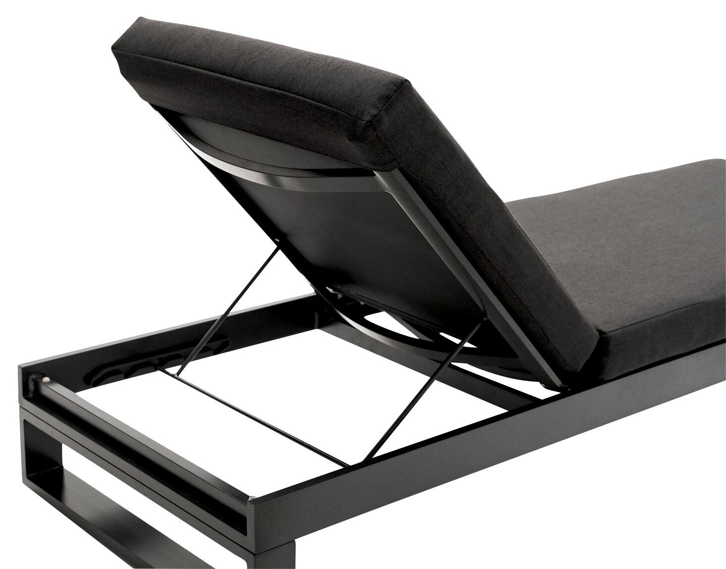 Rückansicht einer modernen Sonnenliege mit verstellbarer Rückenlehne und schwarzem Metallrahmen.