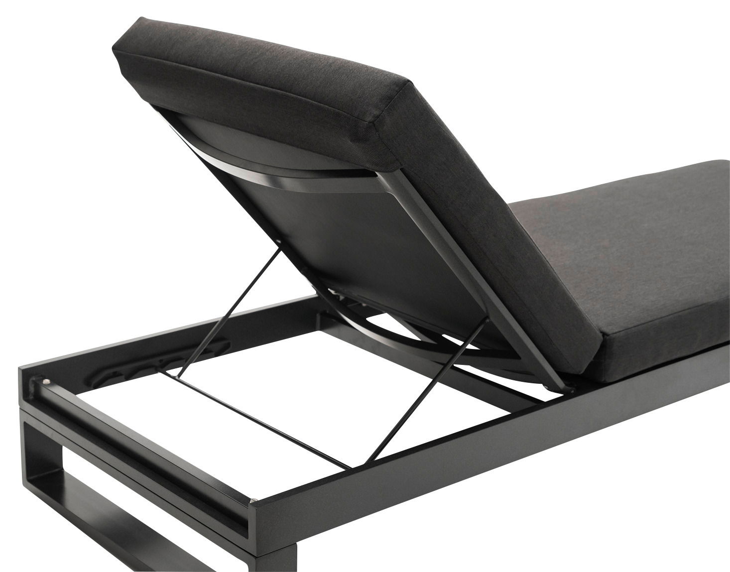 Rückansicht einer modernen Sonnenliege mit verstellbarer Rückenlehne und schwarzem Metallrahmen.