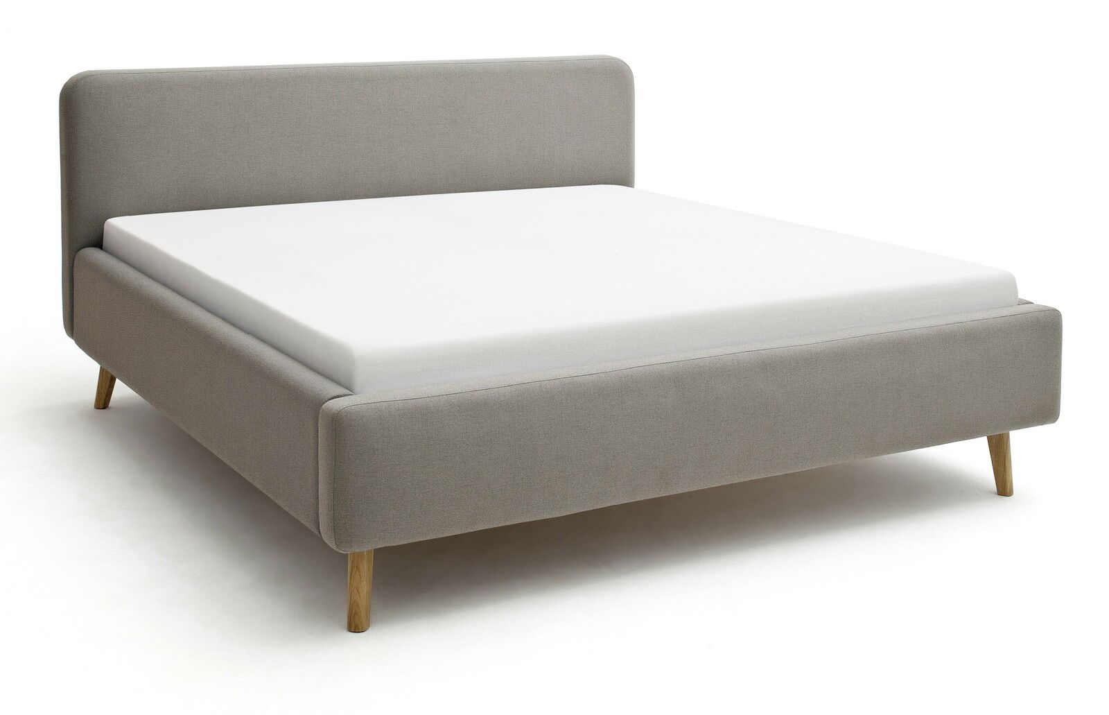 Graues Polsterbett mit Holzfüßen, seitliche Perspektive