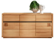 Frontale Ansicht eines modernen Sideboards aus Holz mit klaren Linien, dekoriert mit einer Pflanze und einer stilvollen Vase.