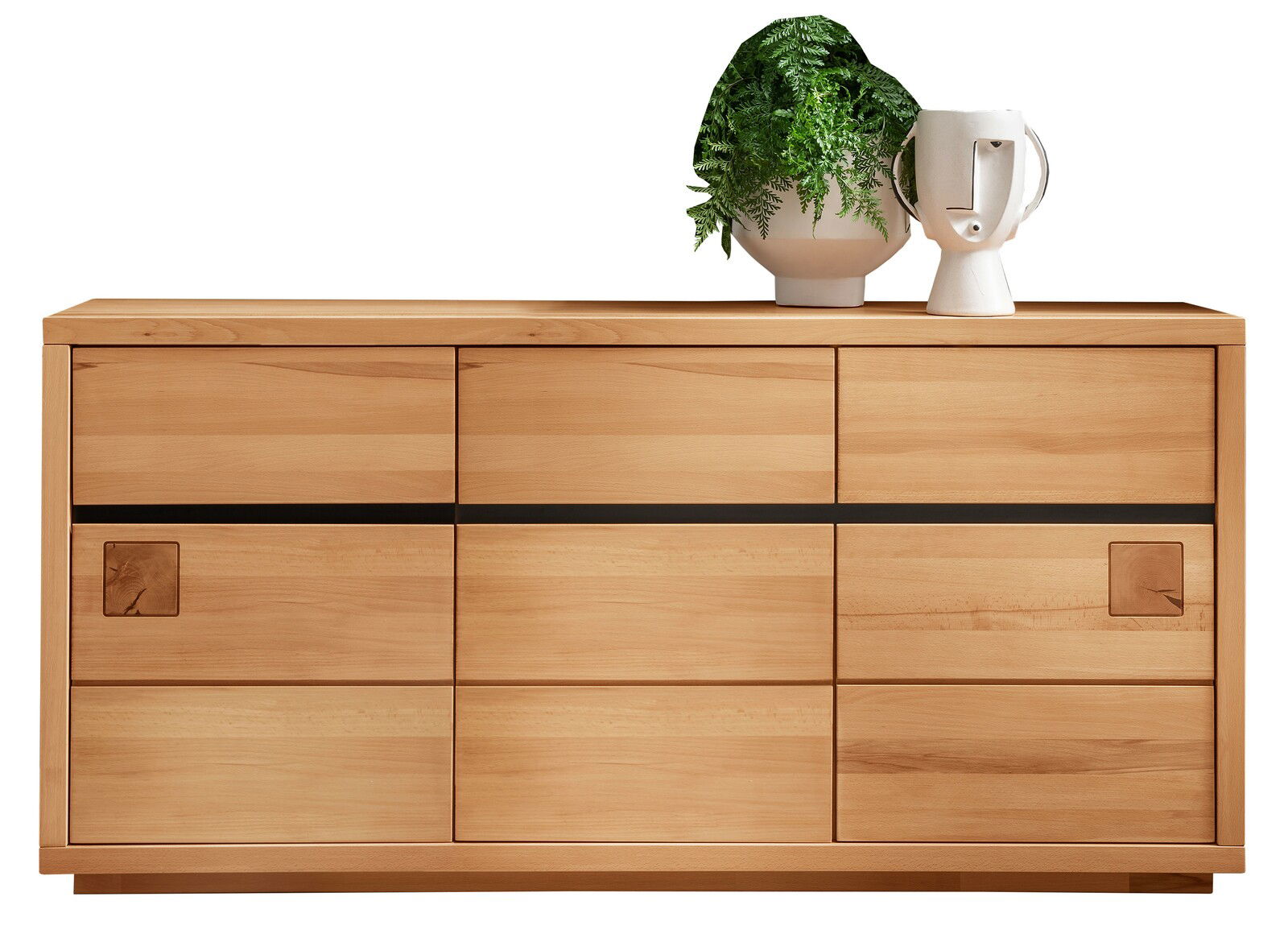 Frontale Ansicht eines modernen Sideboards aus Holz mit klaren Linien, dekoriert mit einer Pflanze und einer stilvollen Vase.