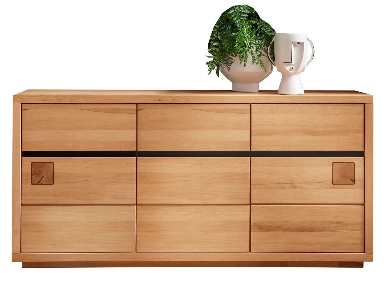 Landscape Sideboard BOZEN Frontale Ansicht eines modernen Sideboards aus Holz mit klaren Linien, dekoriert mit einer Pflanze und einer stilvollen Vase.
