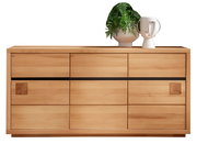 Frontale Ansicht eines modernen Sideboards aus Holz mit klaren Linien, dekoriert mit einer Pflanze und einer stilvollen Vase.