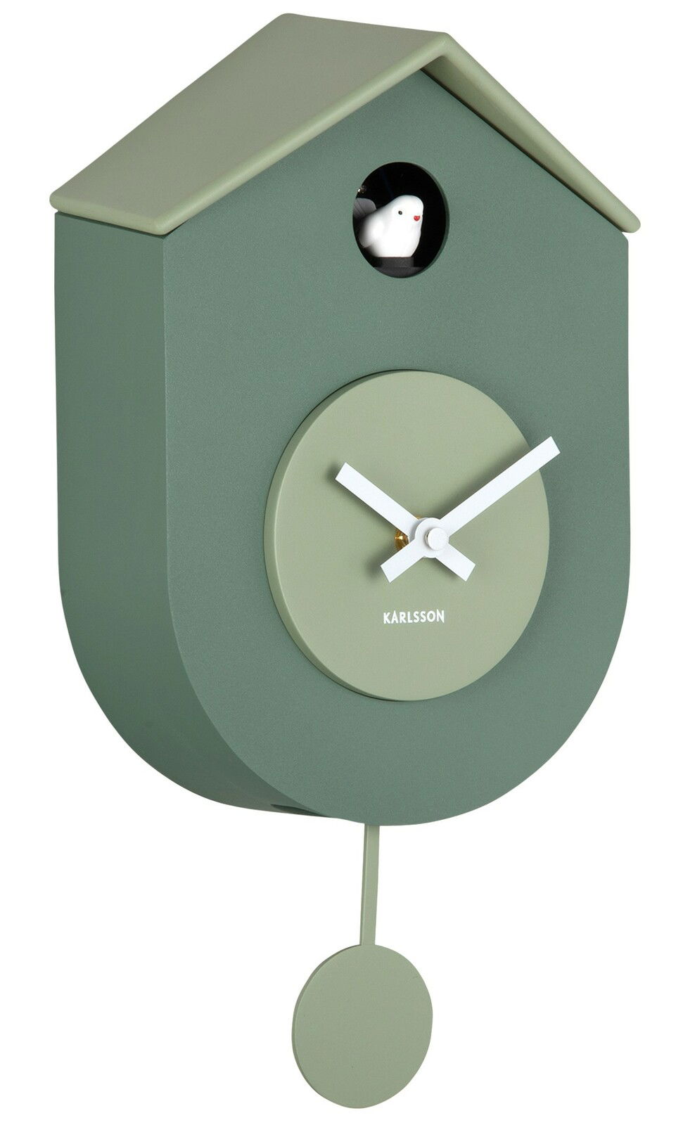 Grüne Wanduhr in Form eines Vogelhauses mit Kuckuck und Pendel, seitliche Perspektive