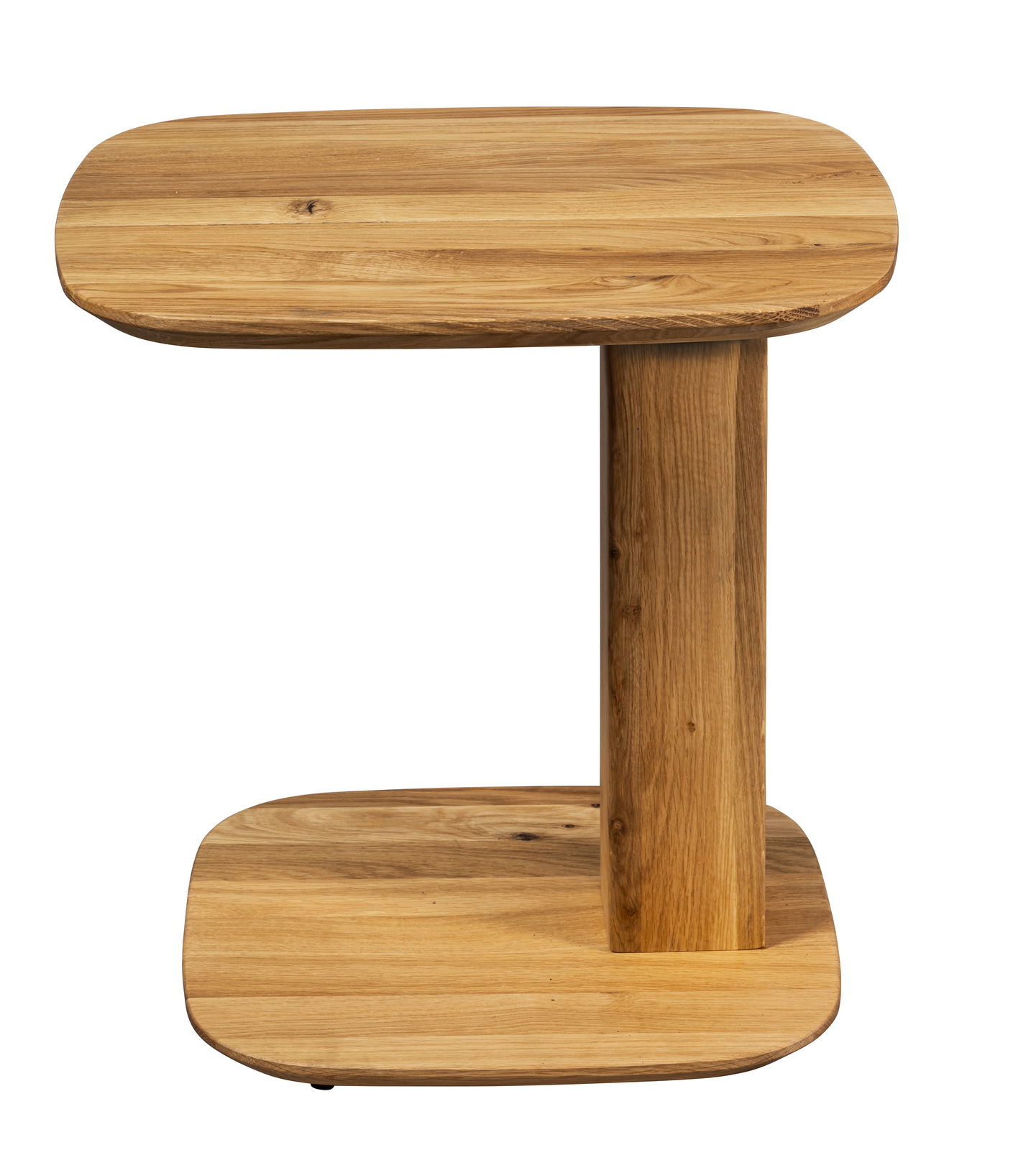 Moderner Beistelltisch aus Holz in seitlicher Ansicht mit rechteckiger Tischplatte und stabiler Mittelsäule.