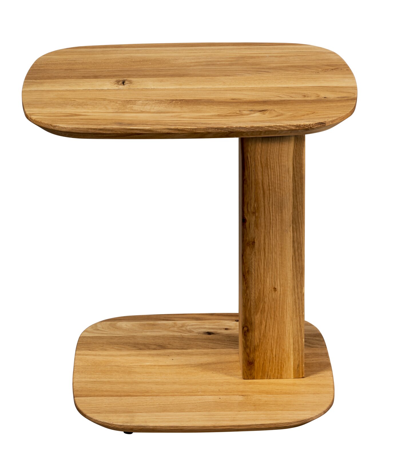 Moderne houten bijzettafel in zijaanzicht, met een rechthoekig tafelblad en een stevige middenpoot.